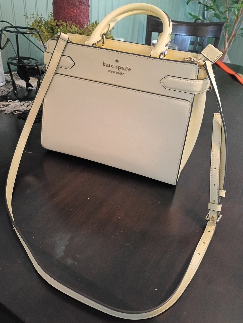 Kate Spade Staci Medium Satchel in a light yellow colorway.